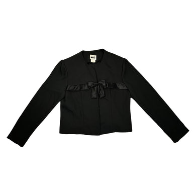 This is a Vintage Leslie Fay black crop top/blazer that buttons in the front and has a satin bow detail and shoulder pads.     Measured Flat   Chest - 35