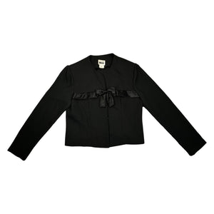 This is a Vintage Leslie Fay black crop top/blazer that buttons in the front and has a satin bow detail and shoulder pads.     Measured Flat   Chest - 35"  Sleeve - 22"  Length - 21"