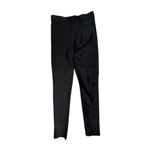 This American Apparel legging pant is a rare gem - shiny, black, and equipped with two back pockets. It may have a bit of wear on the inner upper thigh, but it's still a winner. The waist measures 28", the hips 32", and the inseam is 28", with a length of 39".