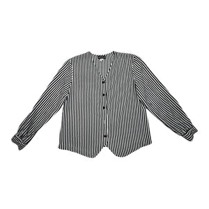 A black and white pin stripe vintage Notations blouse that is missing one button.   Measured Flat  Chest - 32" Sleeve - 22" Length - ﻿24"