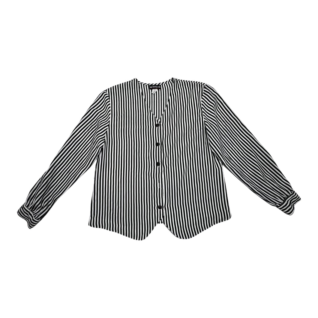A black and white pin stripe vintage Notations blouse that is missing one button.   Measured Flat  Chest - 32