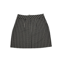 Load image into Gallery viewer, This Express skirt comes in a size 2 and features a fun black and white pattern with a bold gold zipper in the front. When laid flat, it measures 26&quot; at the waist, 36&quot; at the hips, and has a length of 24&quot;.