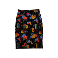 Load image into Gallery viewer, A size small Lularo Shape Skirt with a colorful geometric all-over print that stretches and could be worn for larger sizes due to the stretchiness.    Measured Flat  Waist -  28&quot; Hips -  34&quot; Length - 24&quot;