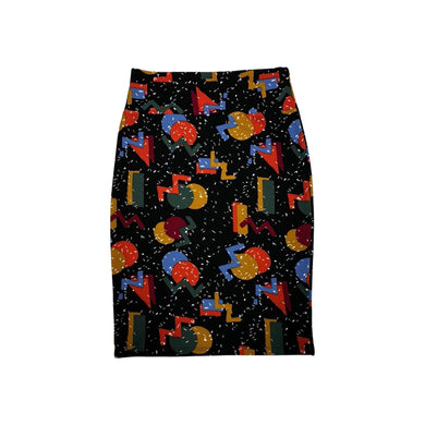 A size small Lularo Shape Skirt with a colorful geometric all-over print that stretches and could be worn for larger sizes due to the stretchiness.    Measured Flat  Waist -  28