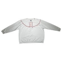 Load image into Gallery viewer, A white vintage Hanes Comfort Blend crewneck sweatshirt with red button and thread detail.   Measured Flat  Chest - 37&quot; Sleeve - ﻿22&quot; Length - 20&quot;
