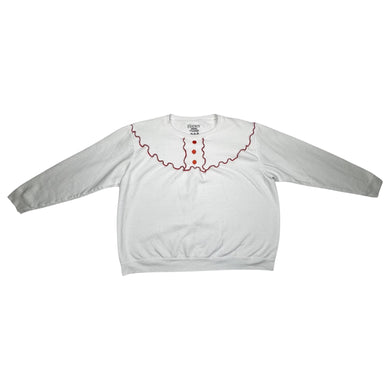 A white vintage Hanes Comfort Blend crewneck sweatshirt with red button and thread detail.   Measured Flat  Chest - 37