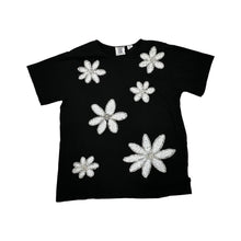 Load image into Gallery viewer, A medium black Studio Collection t-shirt with sequin, pearls, and beaded flowers. 