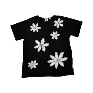 A medium black Studio Collection t-shirt with sequin, pearls, and beaded flowers. 