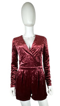 Load image into Gallery viewer, Introducing the SugarLips Romper - the perfect combination of crushed velvet and a deep wine hue. Measuring at 32&quot; flat in the chest, 27&quot; in the waist, with 25&quot; sleeves and a 2&quot; inseam, this quirky romper adds a playful touch to your wardrobe with a to...