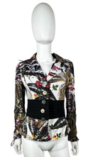 Load image into Gallery viewer, Experience the timeless elegance and charm of the Vintage Alberto Makali jacket. This designer piece features an abstract floral design, mesh sleeves, and a unique tie detail that adds a touch of sophistication. The jacket measures 30&quot; in the chest, 28...