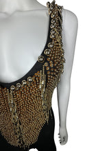 Load image into Gallery viewer, This Vintage Black and Gold Beaded Leotard has a stretchy and comfortable feel. Although it may show some wear and tear, it still holds its unique charm with a few holes and a missing bead on the chest. In the past, I had a skirt attached to the back t...