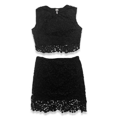 Black Lace 2PC Skirt and Top made of %100 Polyester.     Measured Flat  Chest - 35