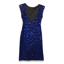 Load image into Gallery viewer, This Vintage Blue Sequin Dress is truly stunning with its captivating sequins, chic pencil silhouette, and alluring scoop back. Zipping up on the side, it fits seamlessly on the body, measuring at 29&quot; for the chest, 26&quot; for the waist, and 28&quot; for the h...