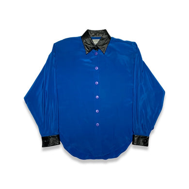 Vintage 100% silk blouse with real leather collar and removable shoulder pads.  Measured Flat   Chest - 40