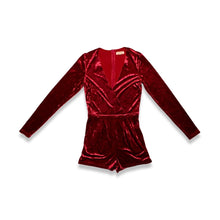 Load image into Gallery viewer, The SugarLips Romper is a wine colored crushed velvet romper.  Measured Flat  Chest - 32&quot;  Waist - 27&quot;  Sleeve - 25&quot;  Inseam - 2&quot;  Length - 30&quot;