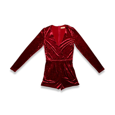 The SugarLips Romper is a wine colored crushed velvet romper.  Measured Flat  Chest - 32