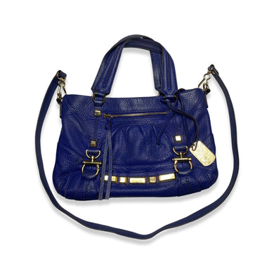 The Vince Camuto Purse is a cobalt blue leather purse with detachable strap and gold embellishments.