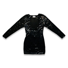 Load image into Gallery viewer, Experience the irresistible glamour of the Vintage Maison Magique Sequin Dress. This stunning black cocktail dress features long sleeves and a mini length, all adorned with sparkling sequins. With a flat chest measurement of 31 inches, sleeve length of...