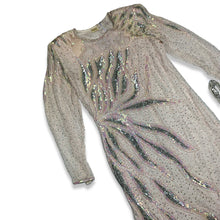 Load image into Gallery viewer, This stunning dress is a one-of-a-kind gem from the 80&#39;s, embellished with shiny beads and a delicate, blush pink color. The stylish, form-fitting shape is highlighted by a dazzling, bedazzled belt. Measurements: Bust - 30&quot; Sleeves - 23 1/2&quot; Length - 5...