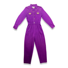 Load image into Gallery viewer, This rare find Vintage 80&#39;s Saint Germain Jumpsuit is a vintage purple button up jumpsuit with gold stitching and embellishing with a stretch waist. Measured Flat Sleeve - 24&quot; Waist - 26&quot; Hips - 36&quot; Length - 58&quot;