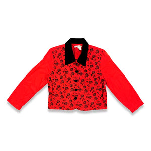 Introducing the Vintage J.W. Treci Blouse: a playful red crop with a velvet collar and a charming rose print on the front. This versatile top can even double as a blazer! Get your quirky on with a chest measurement of 39", sleeve length of 21", and ove...