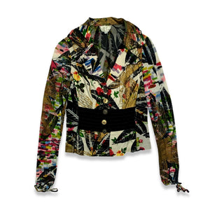 Vintage Designer Alberto Makali Abstract Floral Button Up Jacket With Mesh Sleeves And A Tie Detail On The Sleeves.   Measured Flat   Chest - 30"  Sleeve - 28"  Length - 23"   