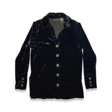Load image into Gallery viewer, This vintage Harve Benard by Senard Holtzman Button Up features a sleek black crushed velvet material, creating a cozy cardigan style with a touch of glamour. Measured flat, its chest is a perfect 38 inches and its sleeves extend to 23 inches, while it...
