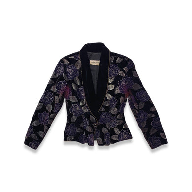 Vintage Velvet Dark Purple Blazer has some wear from the material rubbing under the arms.   Measured Flat   Chest - 30
