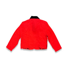 Load image into Gallery viewer, Introducing the Vintage J.W. Treci Blouse: a playful red crop with a velvet collar and a charming rose print on the front. This versatile top can even double as a blazer! Get your quirky on with a chest measurement of 39&quot;, sleeve length of 21&quot;, and ove...
