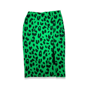 Vintage Lush Leopard Print Skirt is a green fitted stretchy pencil skirt with all over leopard print and slit in front.  Can fit from medium to a smaller large   Measured Flat   Waist - 24"  Hips - 30"  Length - ﻿23 1/2"   