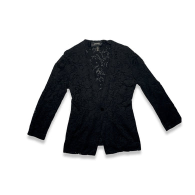 Vintage Linda Allard for Ellen Tracy is a black laced one button blazer.  Measured Flat   Chest - 42