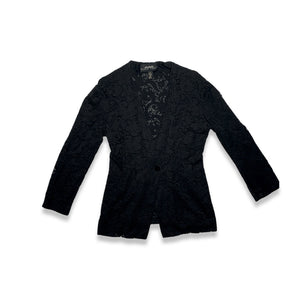 Vintage Linda Allard for Ellen Tracy is a black laced one button blazer.  Measured Flat   Chest - 42"  Sleeve - 21"  Length - ﻿28"   