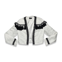 Load image into Gallery viewer, White and Black crop tassel jacket.     Measured Flat  Chest - 36&quot;  Sleeve - 24 1/2&quot;  ﻿Length - ﻿ 19&quot; 