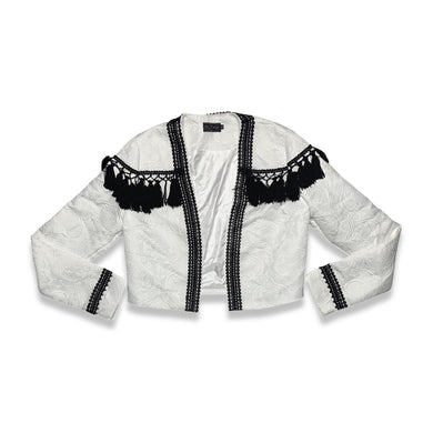 White and Black crop tassel jacket.     Measured Flat  Chest - 36