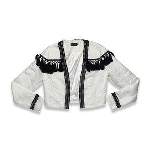 White and Black crop tassel jacket.     Measured Flat  Chest - 36"  Sleeve - 24 1/2"  ﻿Length - ﻿ 19" 