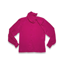 Load image into Gallery viewer, Vintage Designer Pierre Cardin magenta silk  blouse with shoulder pads and a button collar.   Measured Flat   Chest - 35&quot;  Sleeve - 23&quot;  Length - 25&quot;   