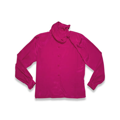 Vintage Designer Pierre Cardin magenta silk  blouse with shoulder pads and a button collar.   Measured Flat   Chest - 35