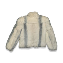 Load image into Gallery viewer, Vintage 80&#39;s Dyed Rabbit Fur Coat is a white and grey dyed rabbit fur coat with buttons.  Measured Flat   Chest - ﻿36&quot;  Sleeve - 25&quot;  Length - 24&quot;