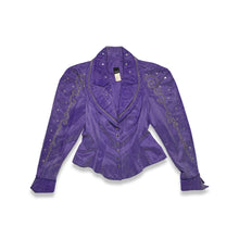 Load image into Gallery viewer, Vintage Purple 80s Embellished peplum style jacket.  Measured Flat   Chest - 32&quot;  Sleeve - 24&quot;  Length - 24&quot;