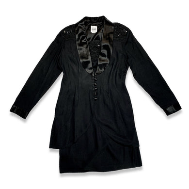 Vintage Black 2pc Button up jacket and dress with lace and sequin embellishment on shoulders of jacket and on the front of the dress. Measured Flat Chest - 38