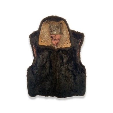 Vintage New Zealand Opossum Fur Vest is a brown zip up fur vest with a leather collar.  Measured Flat   Chest - 38