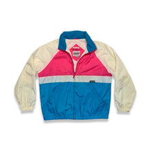 Load image into Gallery viewer, This vintage windbreaker jacket from Cabin Creek Petite is a playful pop of color with a phantom hood for rainy days. With a chest measurement of 45 inches, sleeve length of 28 inches, and a length of 26.5 inches, it&#39;s perfect for adding some fun to yo...
