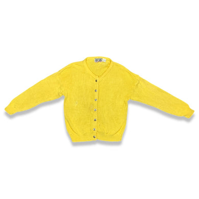 Indulge in the timeless charm of this bright yellow cardigan sweater, with its stylish knitted design, classic button-up closure, and flattering measurements of 42