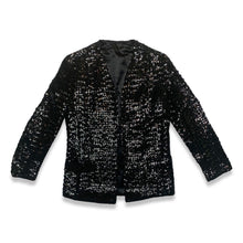 Load image into Gallery viewer, Experience the dazzling beauty of our Vintage ILGWU Sequin Blazer, crafted by the renowned International Ladies Garment Workers Union. This stunning black blazer features measurements of 34&quot; chest, 23&quot; sleeves, and 27&quot; length in size 11, and 33&quot; chest,...