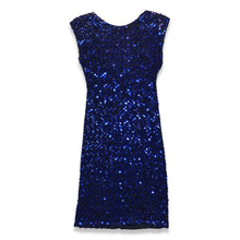 Load image into Gallery viewer, This Vintage Blue Sequin Dress is truly stunning with its captivating sequins, chic pencil silhouette, and alluring scoop back. Zipping up on the side, it fits seamlessly on the body, measuring at 29&quot; for the chest, 26&quot; for the waist, and 28&quot; for the h...