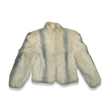 Load image into Gallery viewer, Vintage 80&#39;s Dyed Rabbit Fur Coat is a white and grey dyed rabbit fur coat with buttons.  Measured Flat   Chest - ﻿36&quot;  Sleeve - 25&quot;  Length - 24&quot;