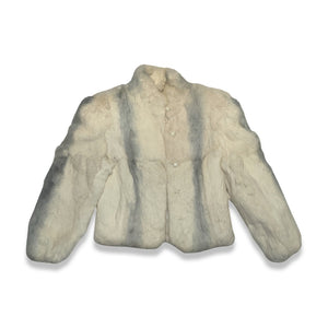 Vintage 80's Dyed Rabbit Fur Coat is a white and grey dyed rabbit fur coat with buttons.  Measured Flat   Chest - ﻿36"  Sleeve - 25"  Length - 24"