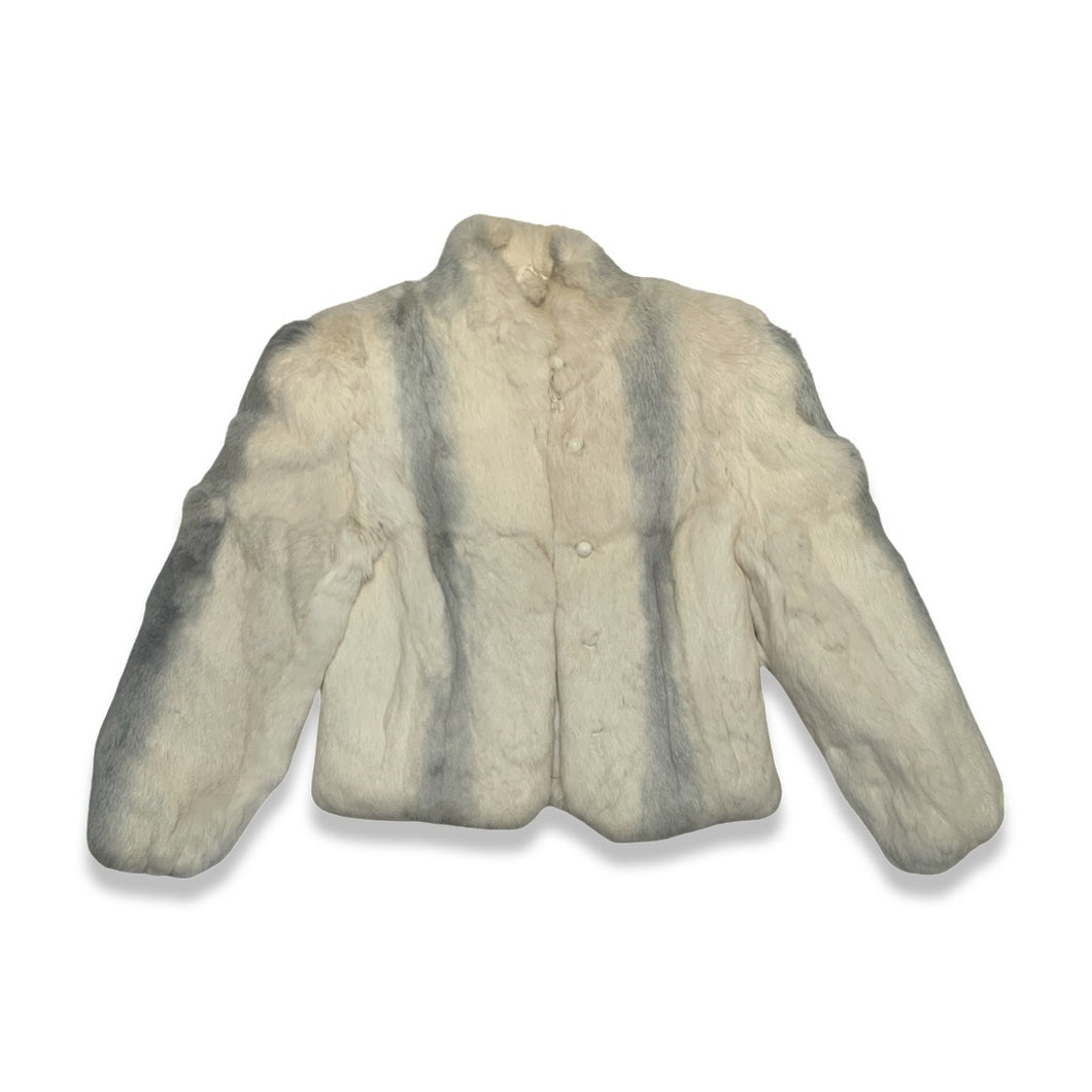 Vintage 80's Dyed Rabbit Fur Coat is a white and grey dyed rabbit fur coat with buttons.  Measured Flat   Chest - ﻿36