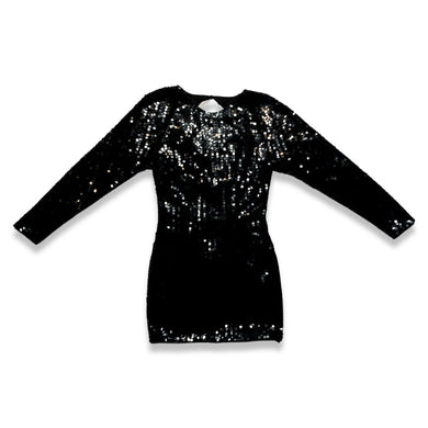 Experience the irresistible glamour of the Vintage Maison Magique Sequin Dress. This stunning black cocktail dress features long sleeves and a mini length, all adorned with sparkling sequins. With a flat chest measurement of 31 inches, sleeve length of...